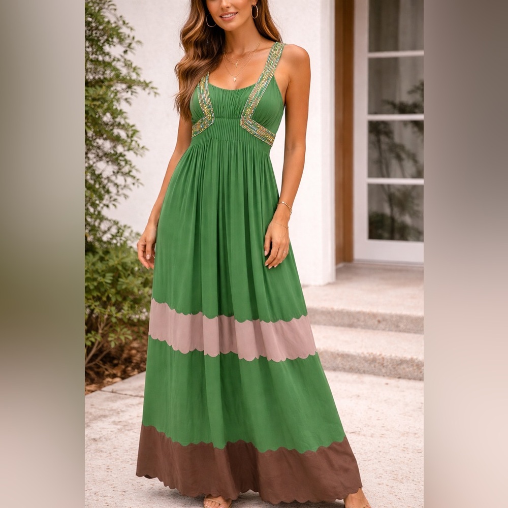 Ranna Gill Green Maxi Dress with Taupe and Brown Bands